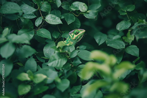 Generative AI image of vibrant green chameleon camouflaging among leaves in tropical summer forest with detailed skin and jungle background