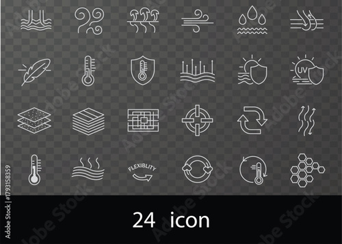 Set of 24 icons representing fabric properties and features