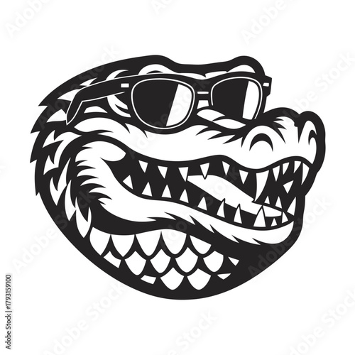 of cool alligator with sunglasses showing a toothy grin on white background