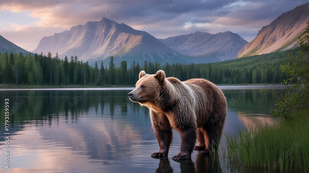Naklejka premium Majestic grizzly bear stands in a serene mountain lake at sunset