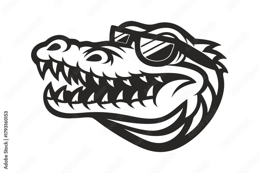 Obraz premium Stylish alligator head showcases coolness with sunglasses, fierce teeth, and streamlined minimalist black silhouette