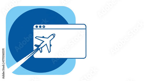 Vector illustration of airplane icon on a blue circle background, representing travel and online booking on a transparent background