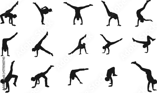 Breakdance silhouette set of dynamic poses, freestyle street dance moves, acrobatic hip hop stunts, urban choreography vector illustration