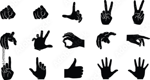 Hand gesture silhouette collection, expressive finger signs, symbolic communication poses, vector illustration for design, education, sign language, and cultural reference