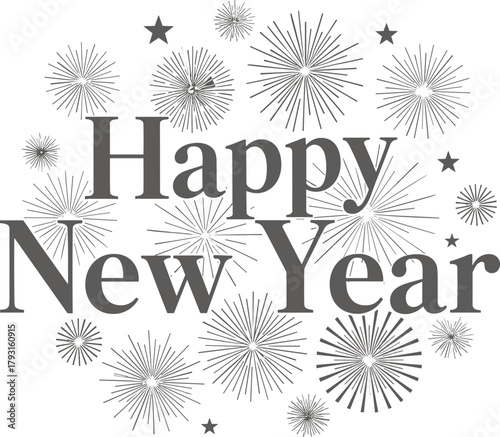 Happy new year text surrounded by festive fireworks and stars