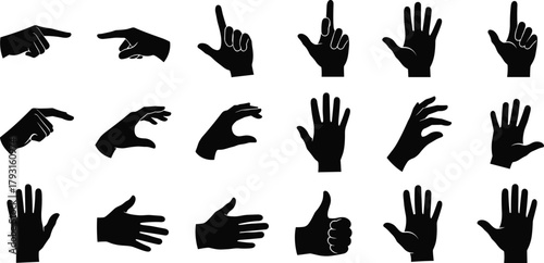 Hand gesture silhouette collection, expressive finger signs, symbolic communication poses, vector illustration for design, education, sign language, and cultural reference