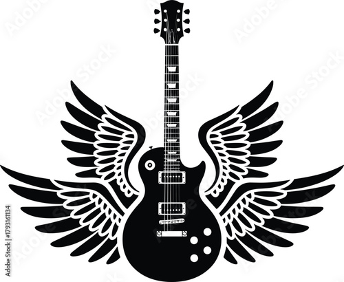 electric guitar with wings, black silhouette illustration, rock music symbol, freedom art, Les Paul style, musical icon, bold design