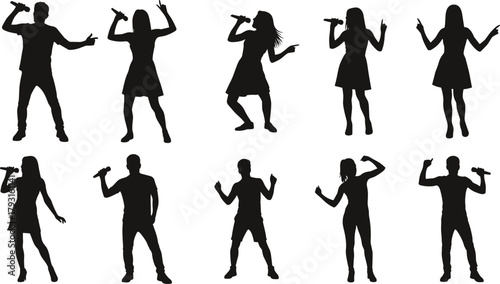 Silhouette singers performing with microphones in dynamic poses, showcasing live music energy, vocal expression, and concert stage movement illustration set.