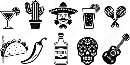 Mexican culture icons, black and white illustration, sombrero man, tequila bottle, sugar skull, taco, chili pepper, maracas, guitar art
