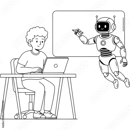 E-learning concept: boy using laptop at desk. Flying robot tutor writing on board. Robotics and education. Black and white outline vector.