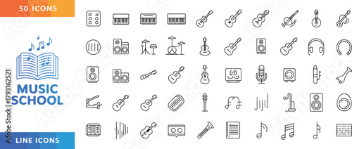music school icon set, line art illustration, musical instruments, audio equipment, music symbols, educational design, black and white icons