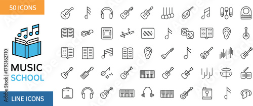 music school icon set, line art illustration, musical instruments, sound equipment, music symbols, educational design, black and white icons