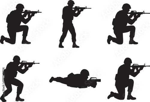 vector silhouettes of american soldiers shooting in action