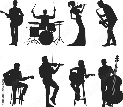 musician silhouettes illustration, black and white drawing, guitar, violin, saxophone, drums, double bass, music band, performance art