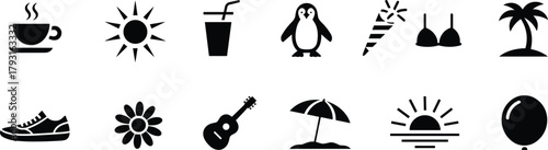 vacation icon set, black silhouette illustration, summer symbols, nature and leisure icons, travel elements, holiday design, outdoor theme