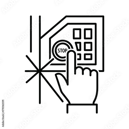 Finger pressing the stop button on a control panel with keypad and indicator