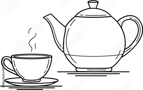 Simple line drawing of a steaming teapot and cup on a saucer