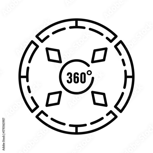 Circular icon with 360 degrees symbol and markers, indicating a full view or panoramic perspective