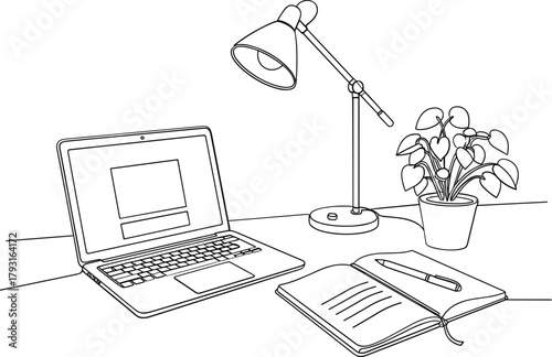 Sketch of a home office desk with laptop lamp plant and notebook