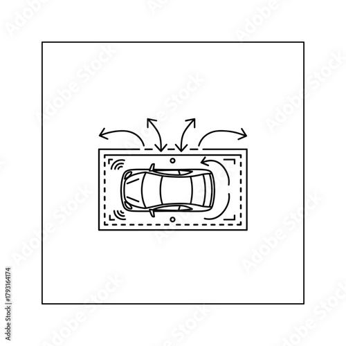 Top view illustration of a car in a parking space with sensor signals