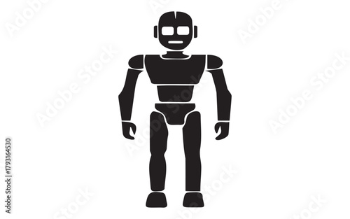 A stylized black silhouette of a humanoid robot standing upright isolated on white background