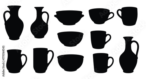 Black silhouettes of various pottery and ceramic vessels arranged in rows