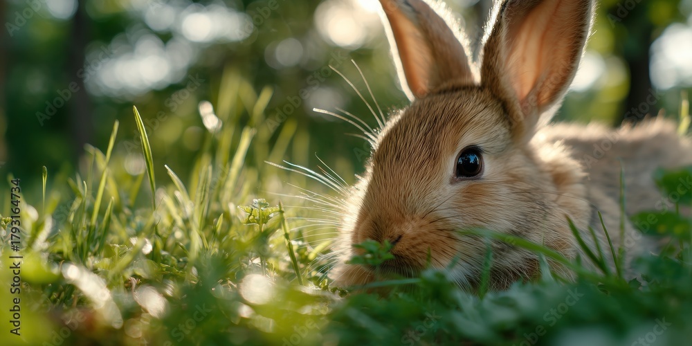Fototapeta premium Brown rabbit resting in green grass during a sunny afternoon outdoors