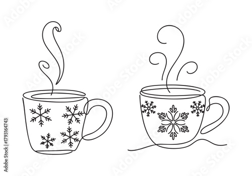 Cozy Winter Hot Drinks Continuous Line Art Set | Monoline Drawing of Mugs with Snowflakes and Steam