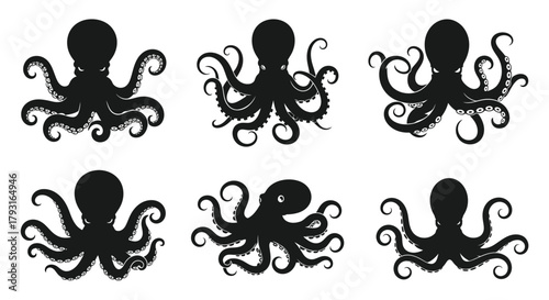 A collection of six black silhouette octopus illustrations with swirling tentacles