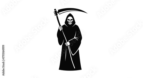 A stark depiction of the grim reaper cloaked and holding a scythe