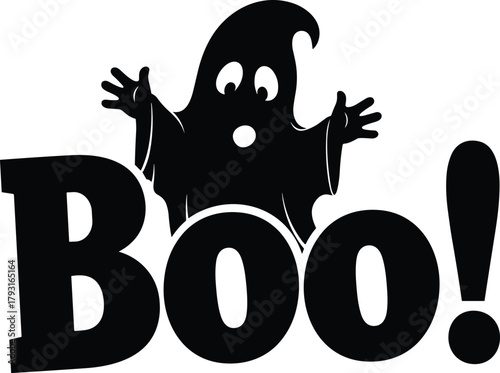 Spooky black ghost silhouette with bold boo text and exclamation mark