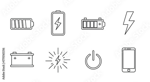 Line art illustration showcasing various power and energy related icons