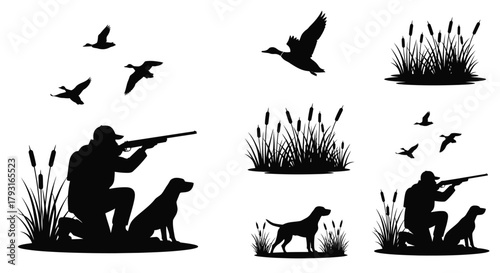 Silhouette imagery of duck hunting scenes with dogs and waterfowl