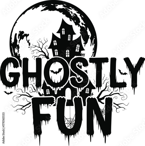 Spooky ghostly fun halloween graphic with haunted house and full moon