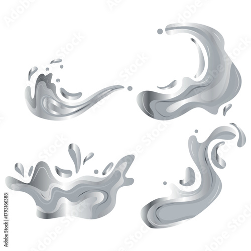 set of icons of splashes and various streams with a metal texture, namely with a silver texture, for backgrounds for awards, achievements or rating icons