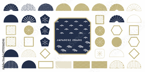 Collection of japanese traditional decorative elements and frames with fan and wave motifs