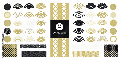 Collection of japanese style graphic elements and patterns in black and gold colors