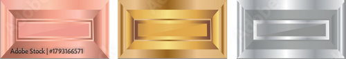 set of rectangle template icons with designs in different metal textures, namely gold, silver and copper, for backgrounds for awards, achievements or rating icons