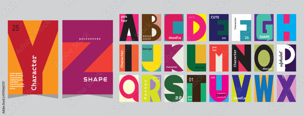 Fototapeta premium Colorful Alphabet Poster Vector Set with Modern Typography and Abstract Letter Shapes in Minimal Geometric Layouts for Graphic Design and Branding