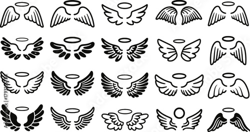 Set of angel wings and halo various design illustration. Angelic feather wing sketch drawing doodle style icon black color. Angel wings vector art.