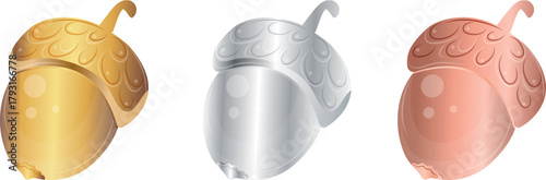 set of acorn icons with a metallic texture, namely with silver, gold and copper, for backgrounds for awards, achievements or rating icons