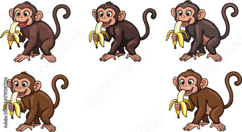 Cute cartoon monkey eating banana, funny animal character illustration, playful jungle art for kids, tropical wildlife drawing and design