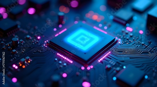 Futuristic glowing microchip with neon blue and pink circuitry, advanced digital processor technology, high-tech hardware design, modern computing innovation and electronic system performance