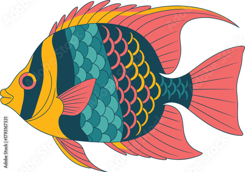 Stylized Tropical Angelfish Vector Illustration with Detailed Scales and Vibrant Geometric Patterns, Exotic Marine Life Design Perfect for Decor, Textile Prints, and Nautical Branding