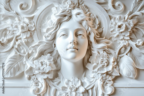 Carved image of an elegant bas relief on a textured wall with gypsum generative AI technology