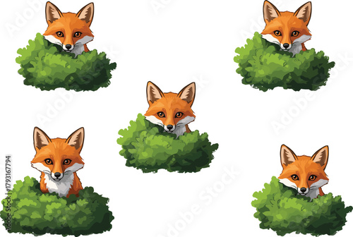 Adorable cartoon red fox hiding behind green bush, cute forest animal illustration, playful wildlife character art, nature background design