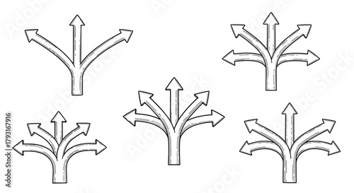 Set of sketched diverging arrows showing two, three, and four paths, symbolizing choice, strategy, and different directions.