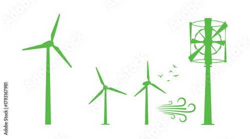 Vector illustration of isolated silhouettes representing wind energy power.
