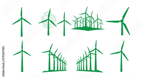 Vector illustrations featuring silhouettes of isolated wind energy power.

