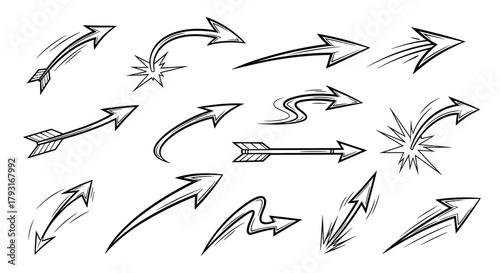 Dynamic collection of hand-drawn arrows in various styles, including curved, wavy, and impactful comic book style pointers.